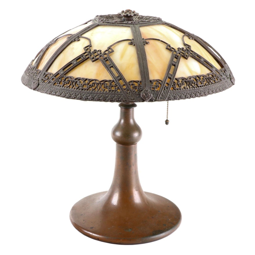 Arts and Crafts Bent Slag Glass with Metal Overlay Table Lamp, Early 20th C.