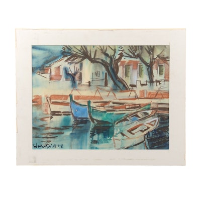Walter Wohlfeld Mixed Media Painting of Docked Row Boats, 1958