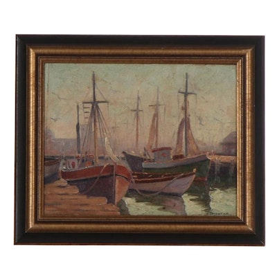 Abraham Rosenthal Oil Painting of Harbor Scene, Circa 1947