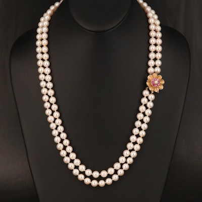 14K Ruby Clasp on Double Strand Round Pearl Necklace