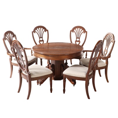 Renaissance Revival Walnut Pedestal Dining Table with Universal Furniture Chairs