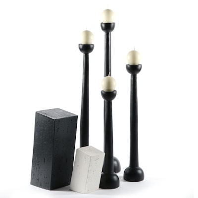 Hand-Painted Composite Candlesticks and Modernist Wood Sculptures