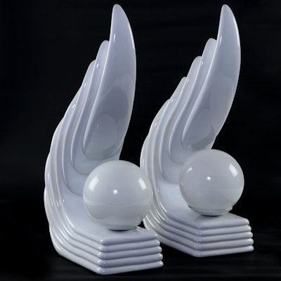 Pair of Art Deco Revival Wave White Ceramic Table Lamps, 1970s