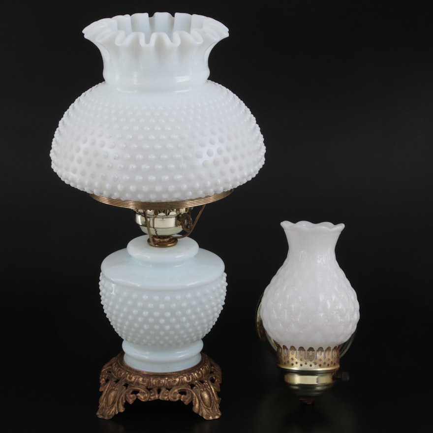 Hobnail Milk Glass and Gilt Metal Table Lamp with Wall Sconce, Mid-20th Century