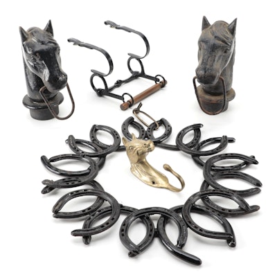 Cast Iron and Brass Horse Themed Hanging Racks and Hitching Post Toppers