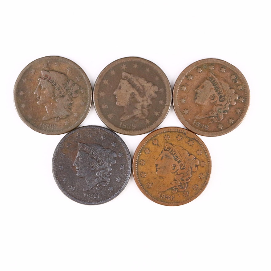 U.S. Large Cents Including 1836, 1837, 1838, 1839, and 1839 (Booby head variety)