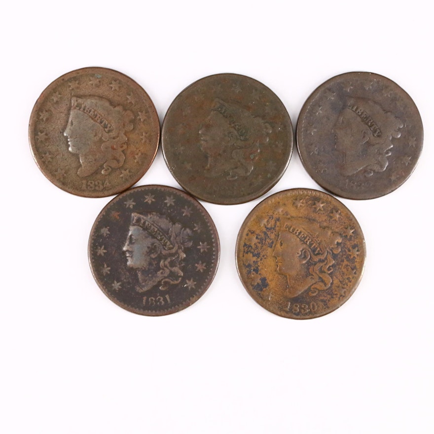 U.S. large cents including the following: 1830, 1831, 1832, 1833, and 1834