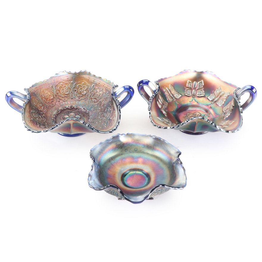 Fenton Blue "Persian Medallion", "Butterflies", More Fenton Carnival Glass Bowls