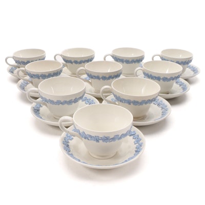 Wedgwood Lavender on Cream Jasperware Footed Cups and Saucers