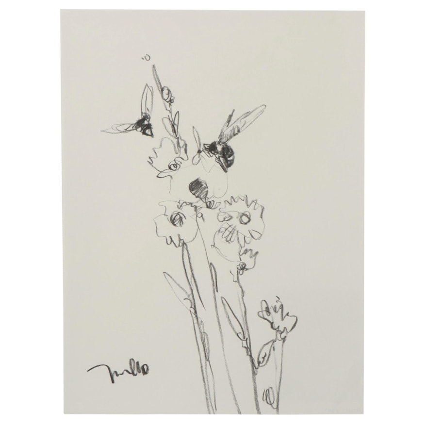Jose Trujillo Charcoal Drawing "Flowers and Bees
