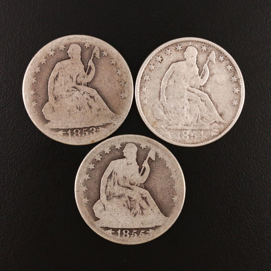 Three Seated Liberty Silver Half Dollars Including 1853-O, 1854-O, and 1855-O