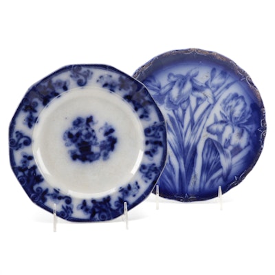 English Flow Blue Glazed Earthenware Plates, 19th Century