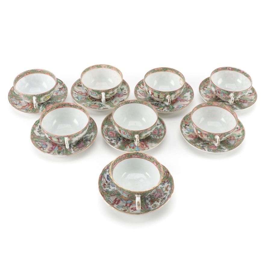 Chinese Rose Medallion Porcelain Teacups and Saucers
