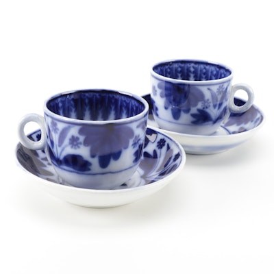 Société Céramique Maastricht Flow Blue Glazed Earthenware Cups and Saucers