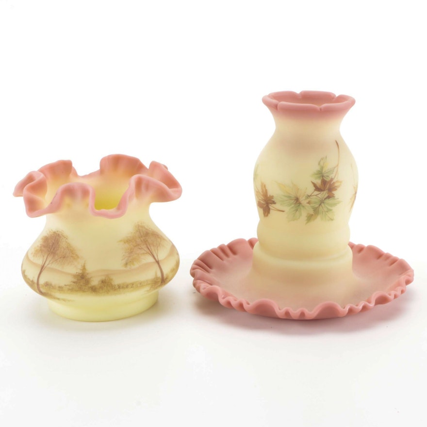 Fenton Burmese Glass Hand-Painted "Maple Leaf" Fairy Light and "Tree Scene" Vase