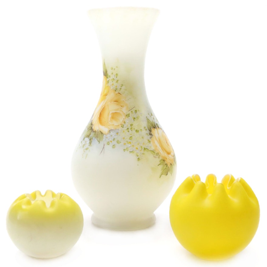 Hand-Painted Glass Rose Motif Vase with Yellow Cased Satin Glass Rose Bowls