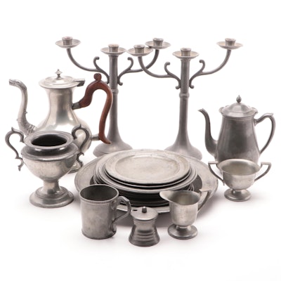 English Pewter Coffee Pot with Crescent and Other Pewter Tableware