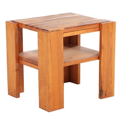 Handcrafted Pine and Mixed Wood Two-Tier Side Table, Late 20th Century