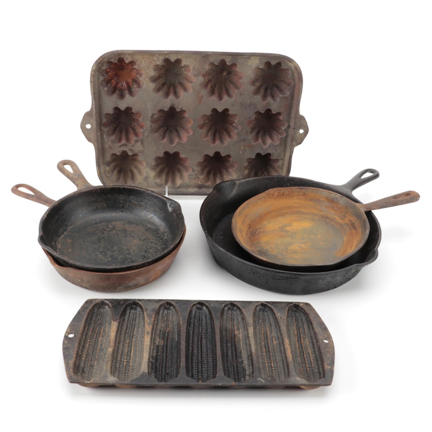 Griswold and Other Cast Iron Skillets, Cornstick Pan, and Muffin Pan