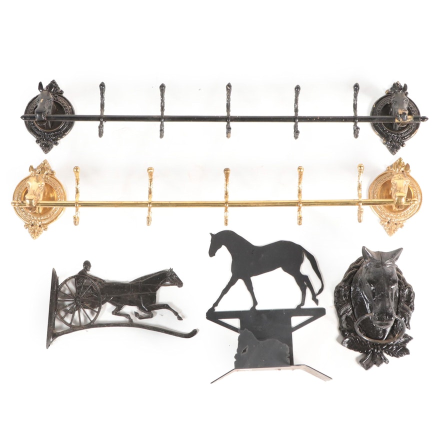 Cast Iron, Brass and Other Metal Horse Themed Wall Hanging Racks
