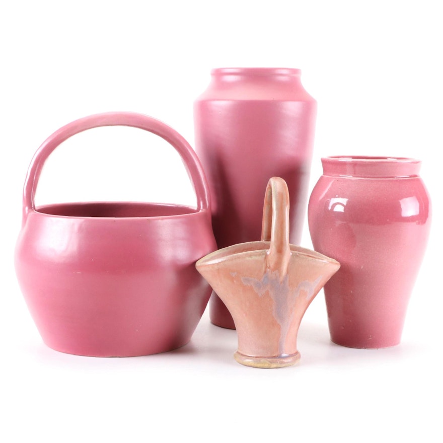Cherokee Pottery Pink Glaze Vases and Basket Planters, Mid to Late 20th Century