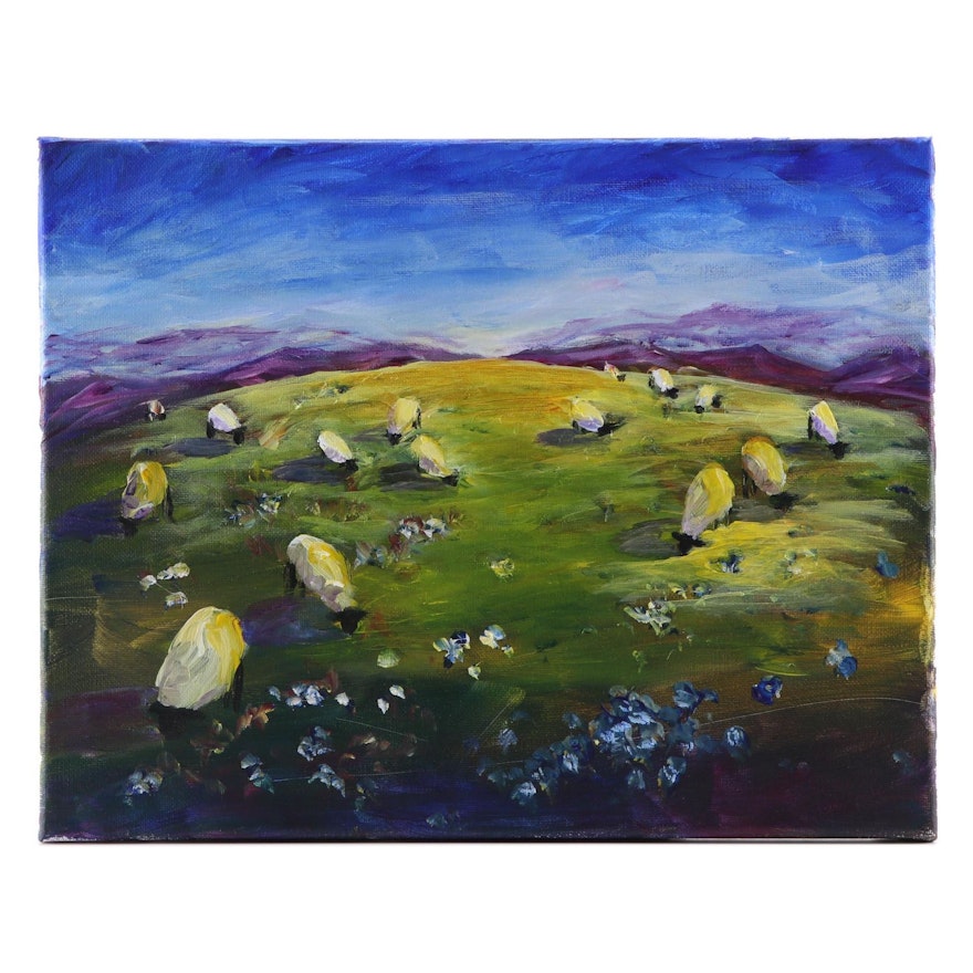 Mia Wyle Acrylic Painting "Grazing Sheep," 21st Century