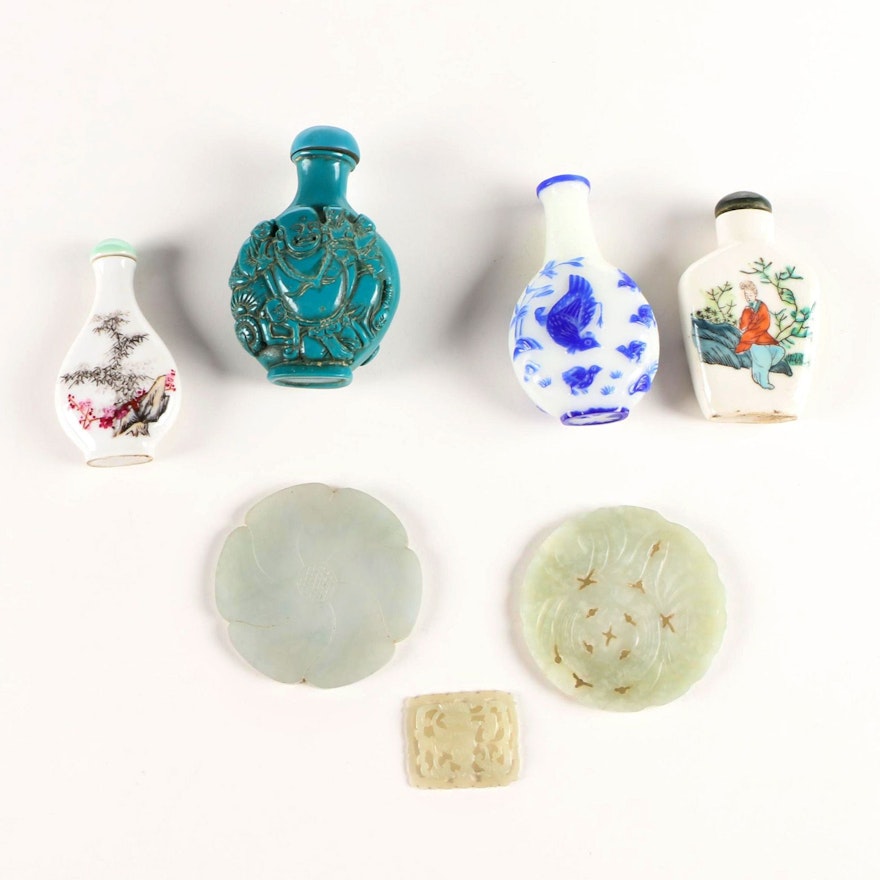 Chinese Glass, Porcelain, and Carved Resin Snuff Bottles with Carved Amulets