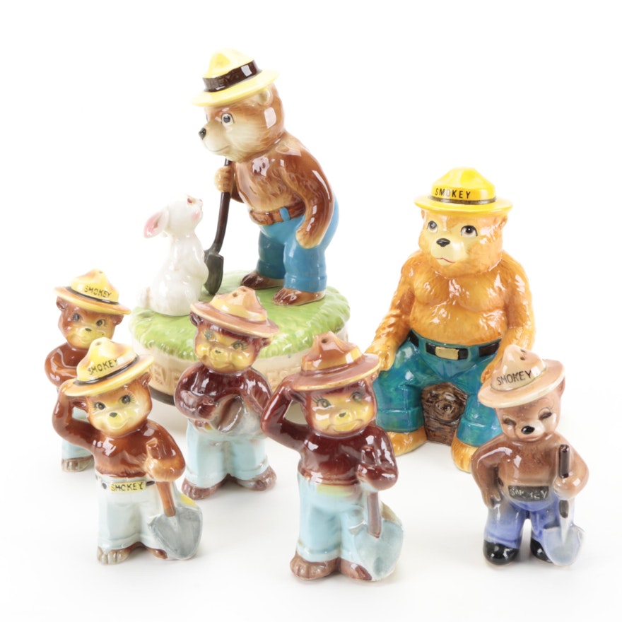 "Smokey The Bear" Porcelain Salt and Pepper, Figurines, Bank, Music Box