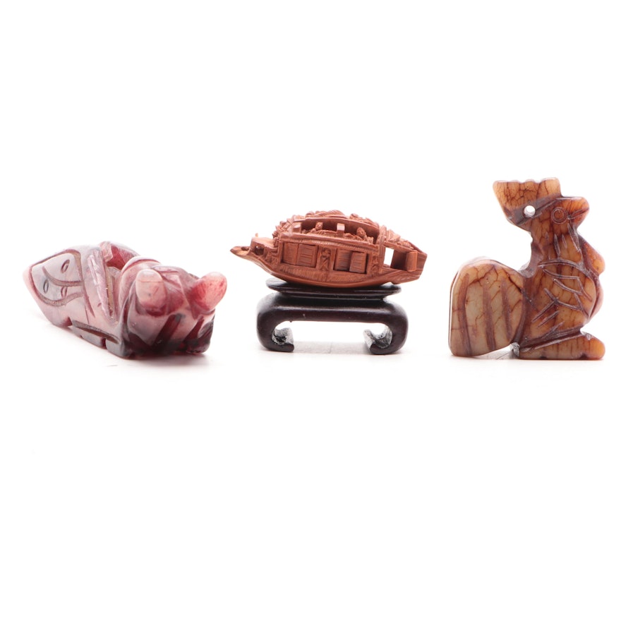 Chinese Carved Serpentine Cicada and Rooster with Carved Hediao Seed Figurines