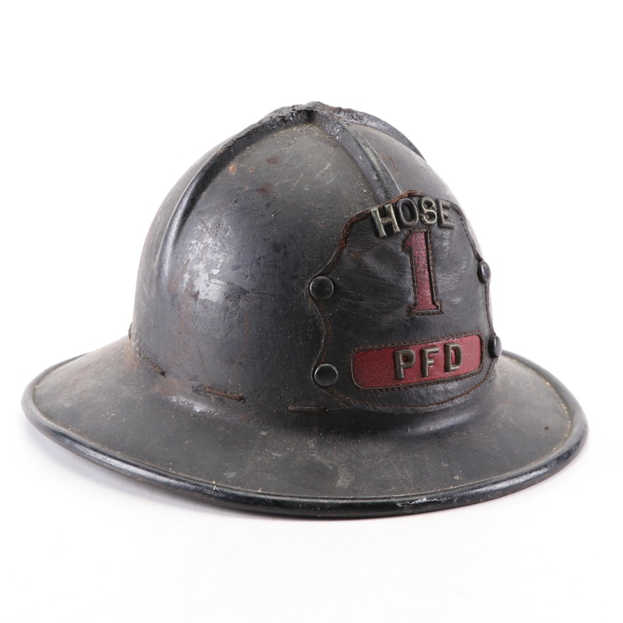 M-S-A "Hose 1 PFD" Firefighting Helmet with Leather Badge Shield, Mid-20th C.