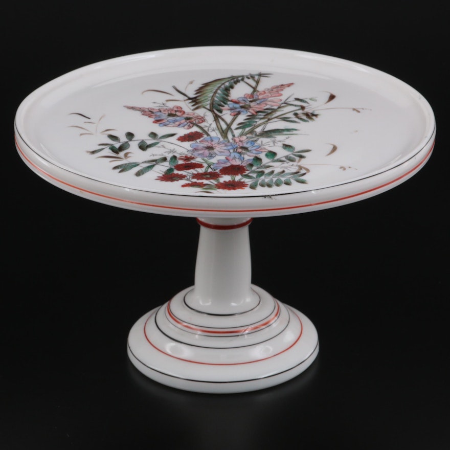 Challinor, Taylor & Co. Milk Glass Cake Stand with Hand-Painted Floral Motif