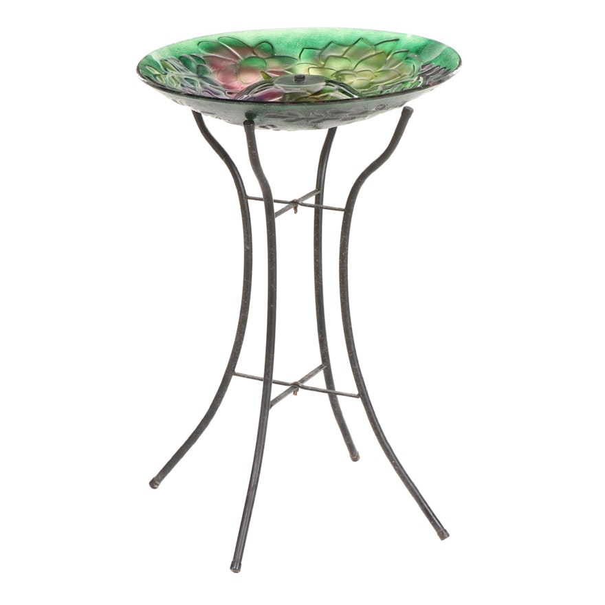 Reverse-Painted Glass and Solar-Lighted Bird Bath on Metal Stand