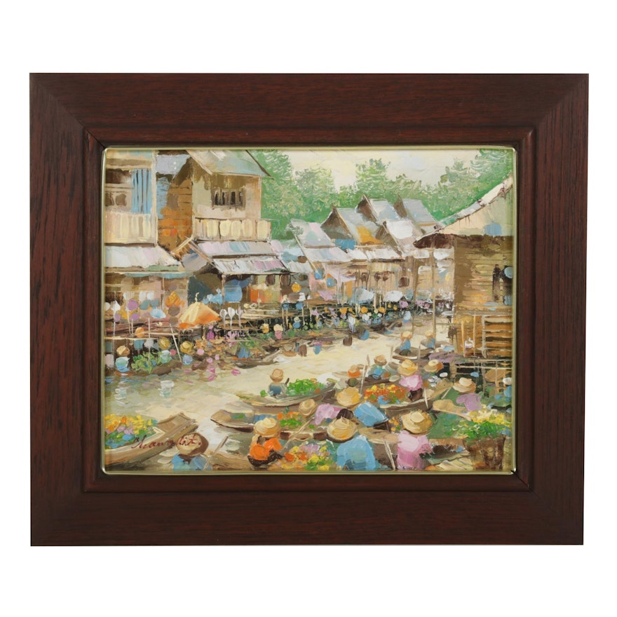Outdoor Flower Market Oil Painting, Circa 2000