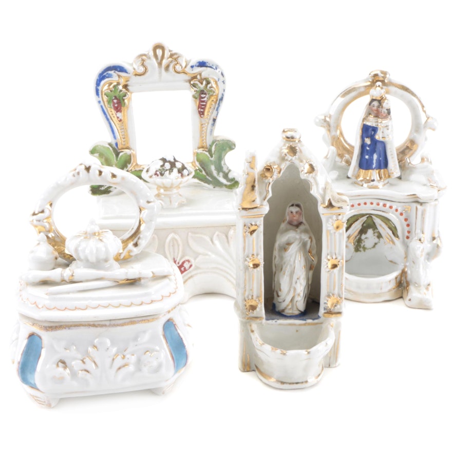 Victorian Porcelain Fairing Boxes and Figure, Mid to Late 19th Century