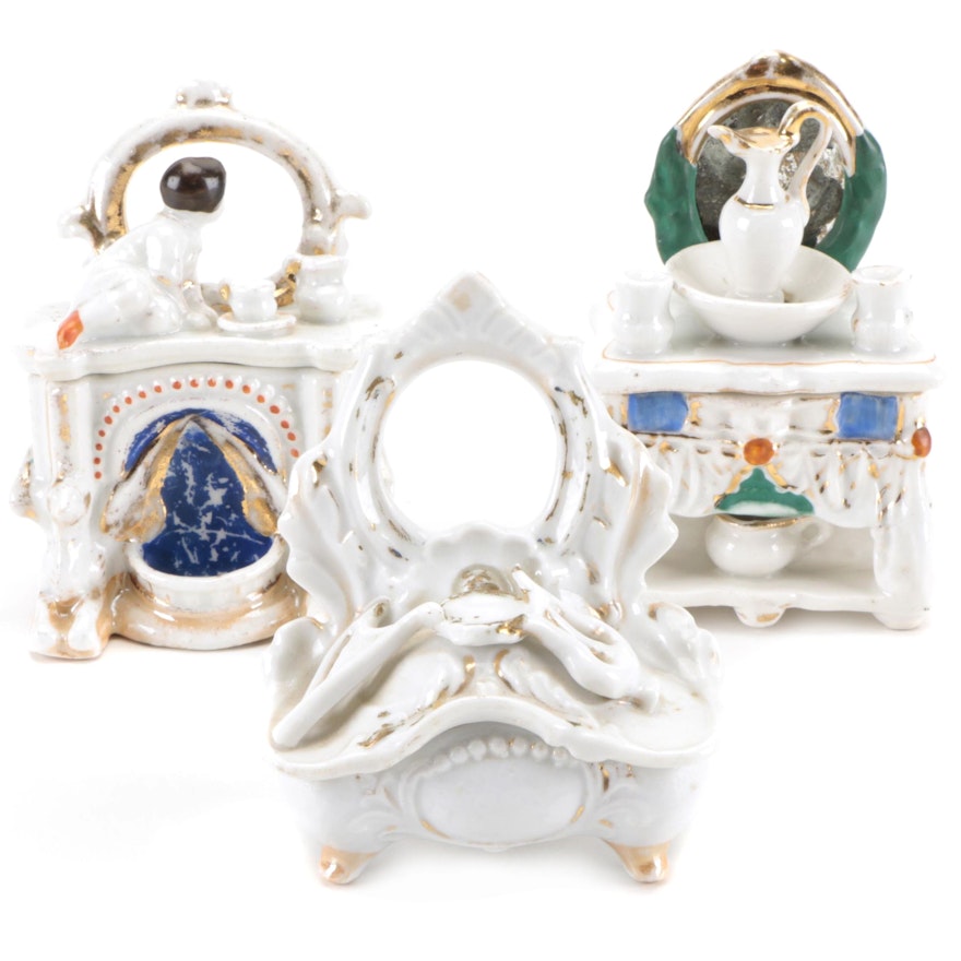 Victorian Porcelain Fairing Trinket Boxes, Mid to Late 19th Century