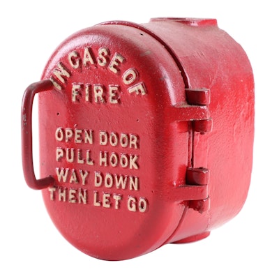 Cast Iron "In Case of Fire Pull Down Hook" Wall Mount Fire Alarm, Mid-20th C.