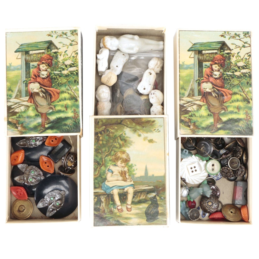 Vintage Matchboxes with Buttons, Figurines, and Other Items