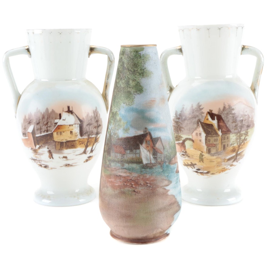 German Mill Scene Tapestry Vase with Other Milk Glass Vases, Early 20th Century