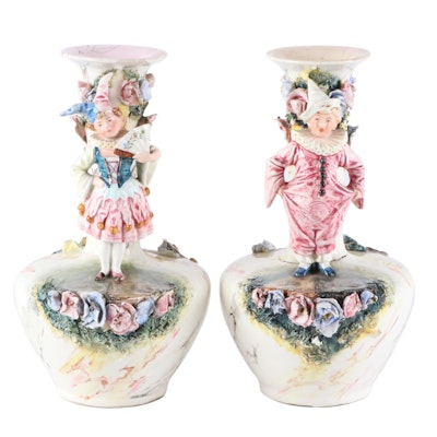 European Marbleized Porcelain Jester Vases, Late 19th to Early 20th Century