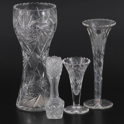 American Brilliant Style Corset and Other Cut Glass Vases, 20th Century