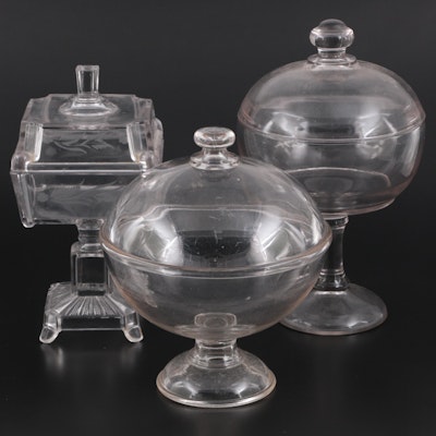 Adams & Co. Etched Square Panes and Other EAPG Lidded Compotes, Late 19th C.