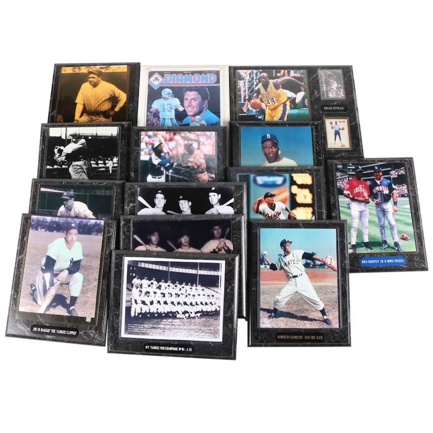 Photo Plaques with Baseball Legends, Ruth, Clemente, also Shaq and Marino