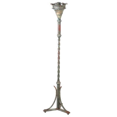Verdigris-Patinated and Wrought Iron Floor Candle Holder, 20th Century