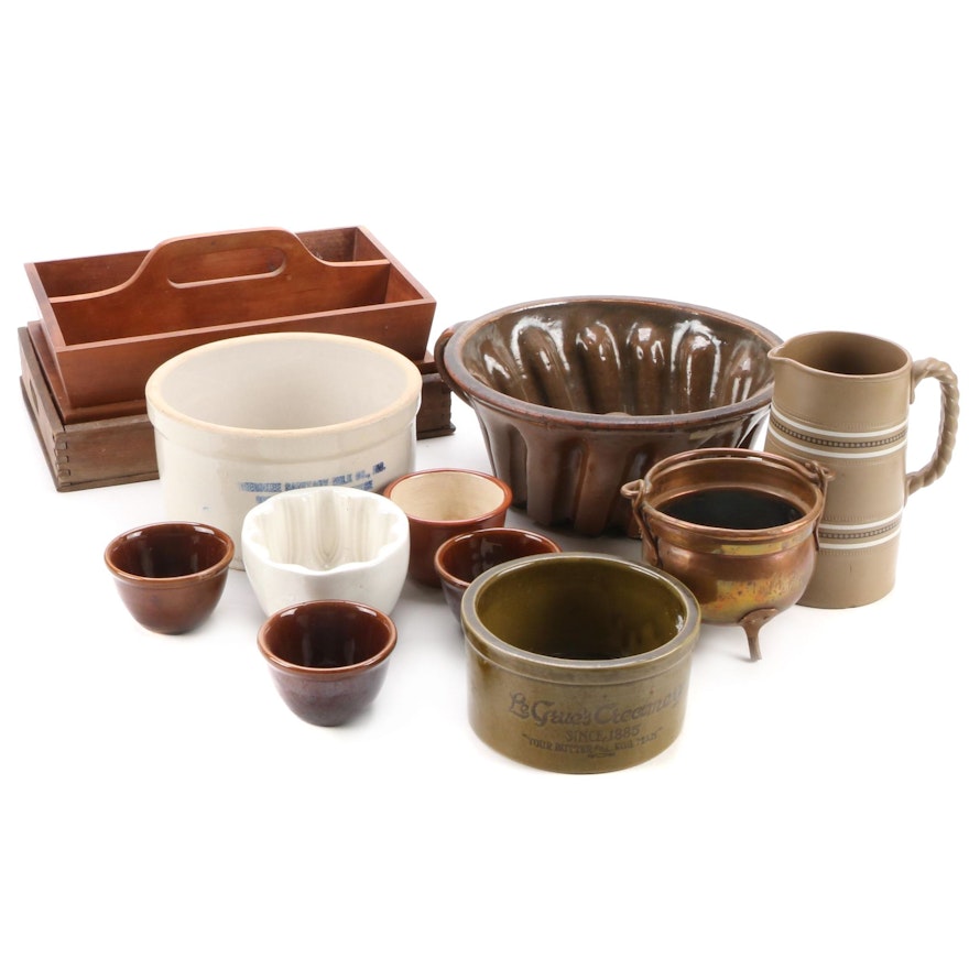 Stoneware and Ceramic Crocks, Bundt Pans and Pitchers with Trays and Copper Pot