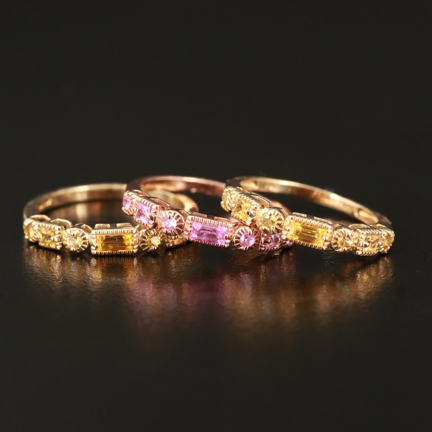 14K Yellow and Pink Sapphire Stacking Bands Including Rose Gold