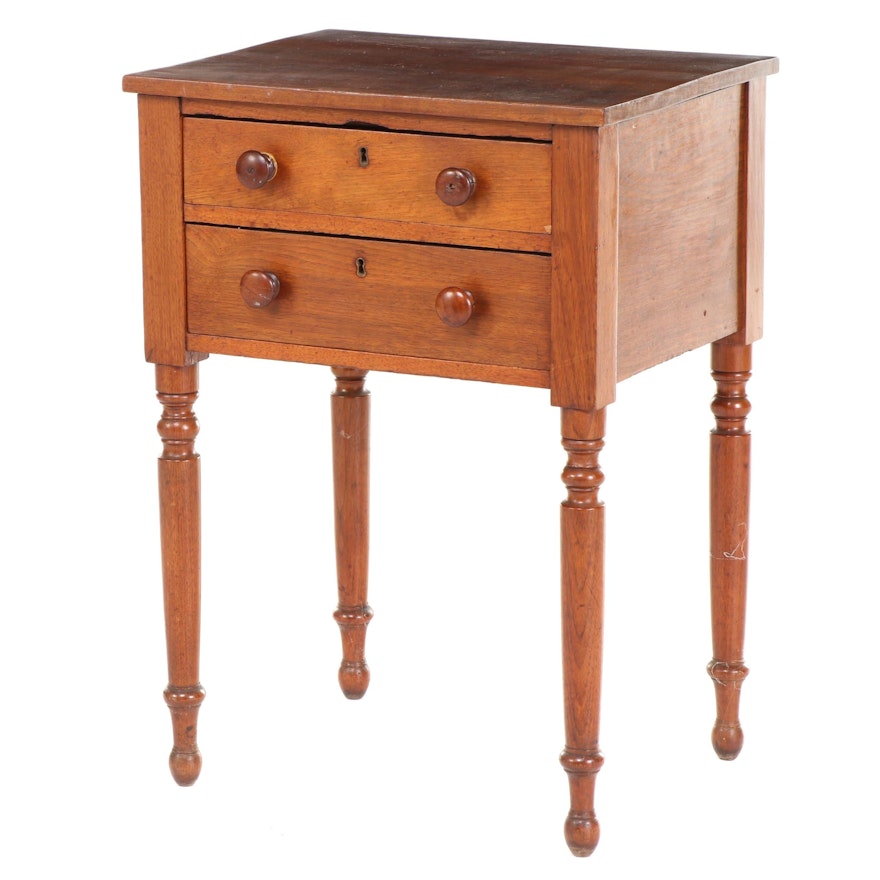 American Primitive Walnut Two-Drawer Side Table, 19th Century