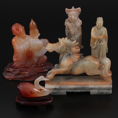 Chinese Carved Soapstone Han Xiangzi Figures, Agate Duck and More