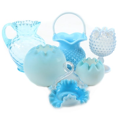 Opalescent and Blue Hobnail, Diamond, More Ruffled Glass Vases, Basket, Pitcher