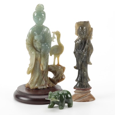 Chinese Carved Serpentine Guan Yin and Han Xiangzi with Nephrite Bear