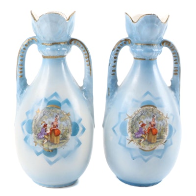 Czechoslovakian Porcelain Handled Vases, Early to Mid 20th Century